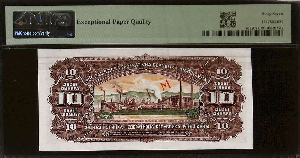 Yugoslavia - 10 Dinara 1965 - Pick # 78as - SPECIMEN - PMG 67 EPQ