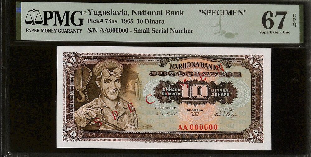 Yugoslavia - 10 Dinara 1965 - Pick # 78as - SPECIMEN - PMG 67 EPQ