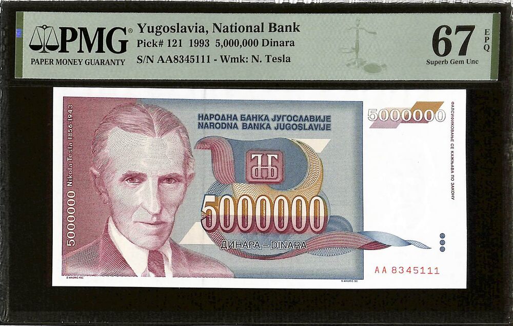 Yugoslavia - 5.000.000 Dinara 1993 - Pick # 121 - PMG 67 EPQ