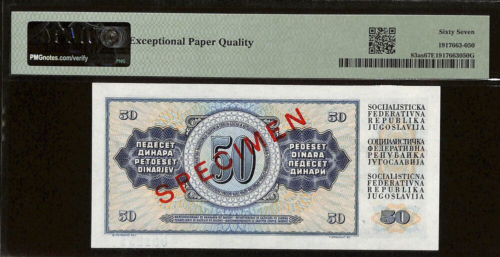 Yugoslavia - 50 Dinara 1968 - Pick # 83As - SPECIMEN - PMG 67 EPQ