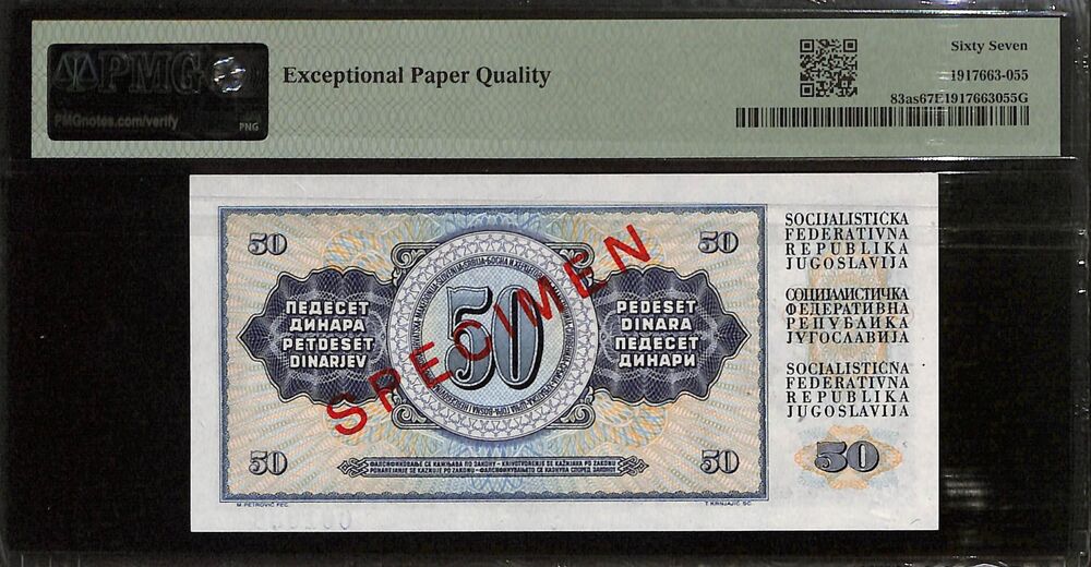 Yugoslavia - 50 Dinara 1968 - Pick # 83as - SPECIMEN - PMG 67 EPQ