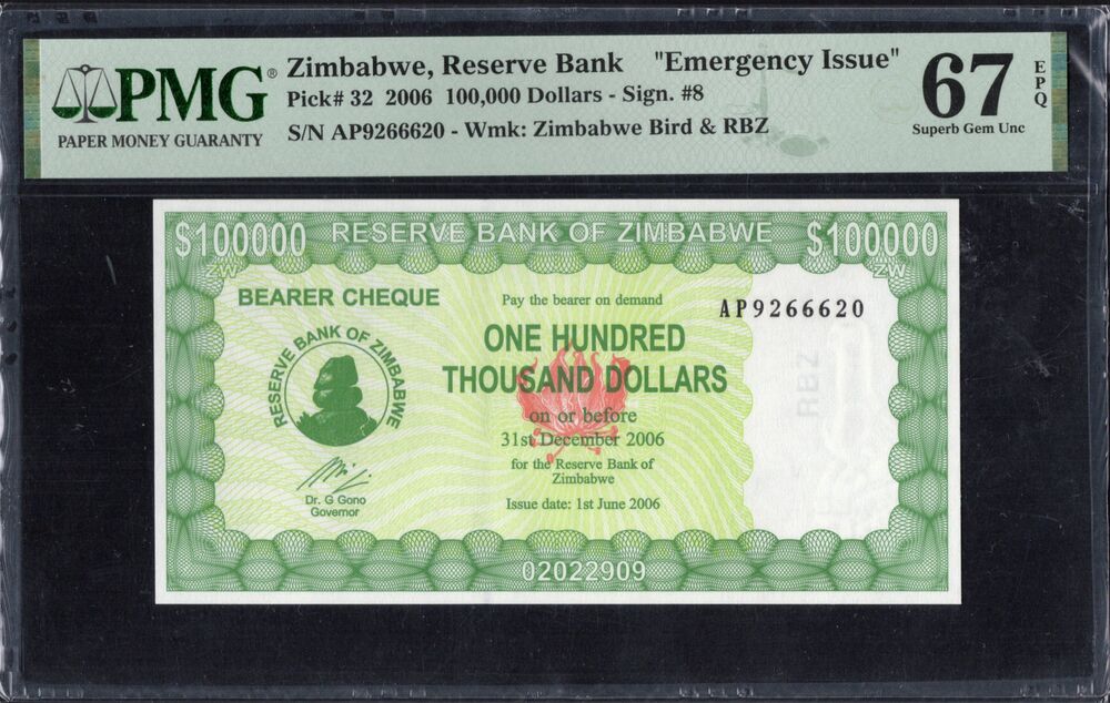 Zimbabwe - 100.000 Dollars 2006 - Pick # 32 - PMG 67 EPQ