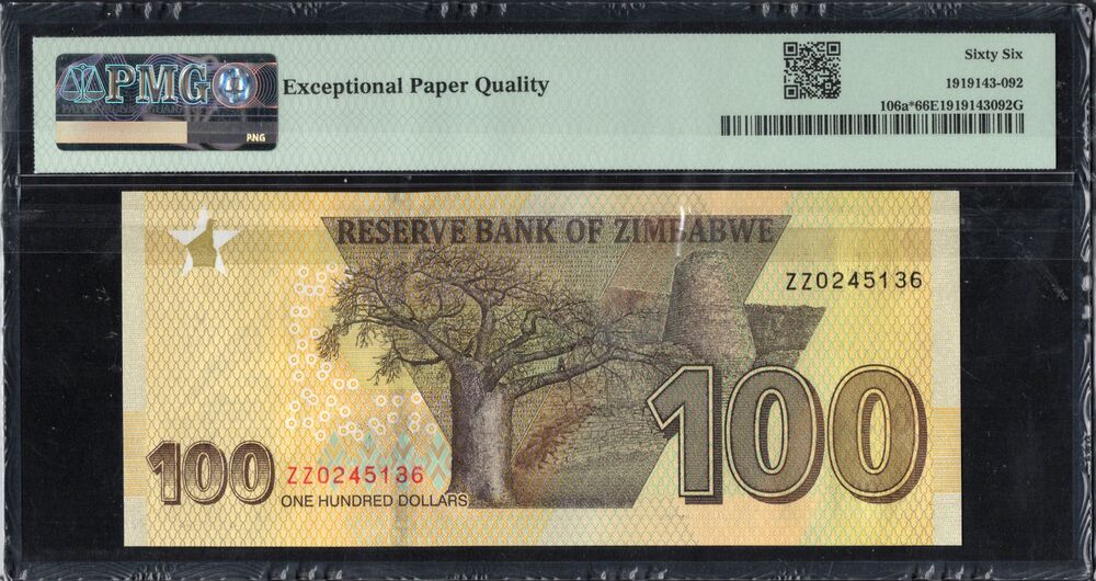 Zimbabwe - 100 Dollars 2020 - Pick # 106a* - REPLACEMENT - PMG 66