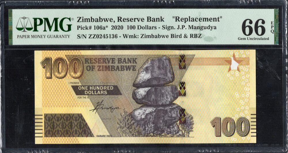 Zimbabwe - 100 Dollars 2020 - Pick # 106a* - REPLACEMENT - PMG 66