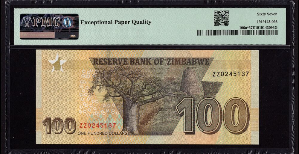 Zimbabwe - 100 Dollars 2020 - Pick# 106a - REPLACEMENT - PMG 67 EPQ