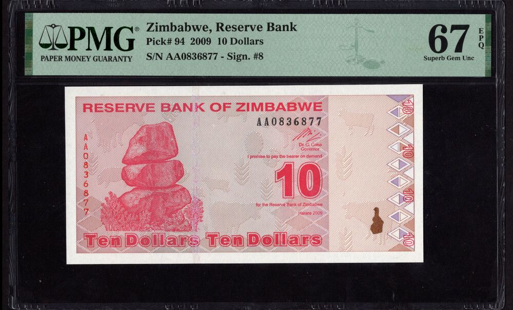 Zimbabwe - 10 Dollars 2009 - Pick # 94 - PMG 67 EPQ