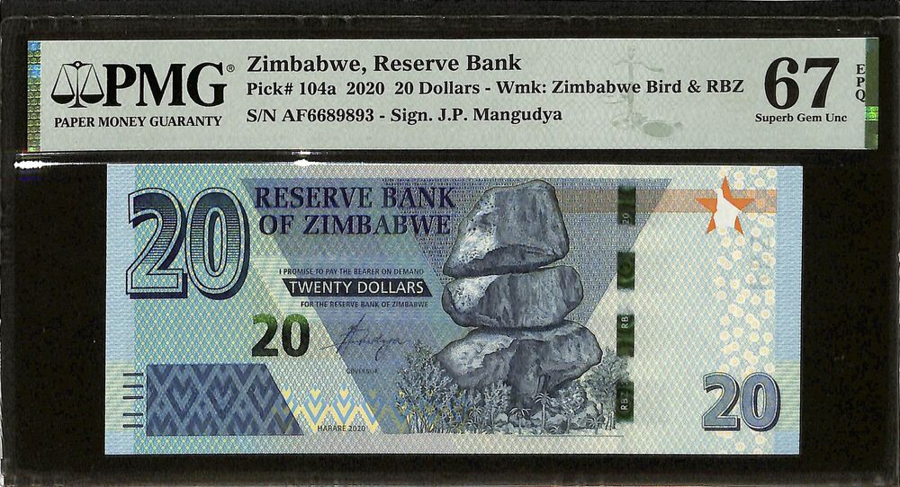 Zimbabwe - 20 Dollars 2020 - Pick # 104a - PMG 67 EPQ