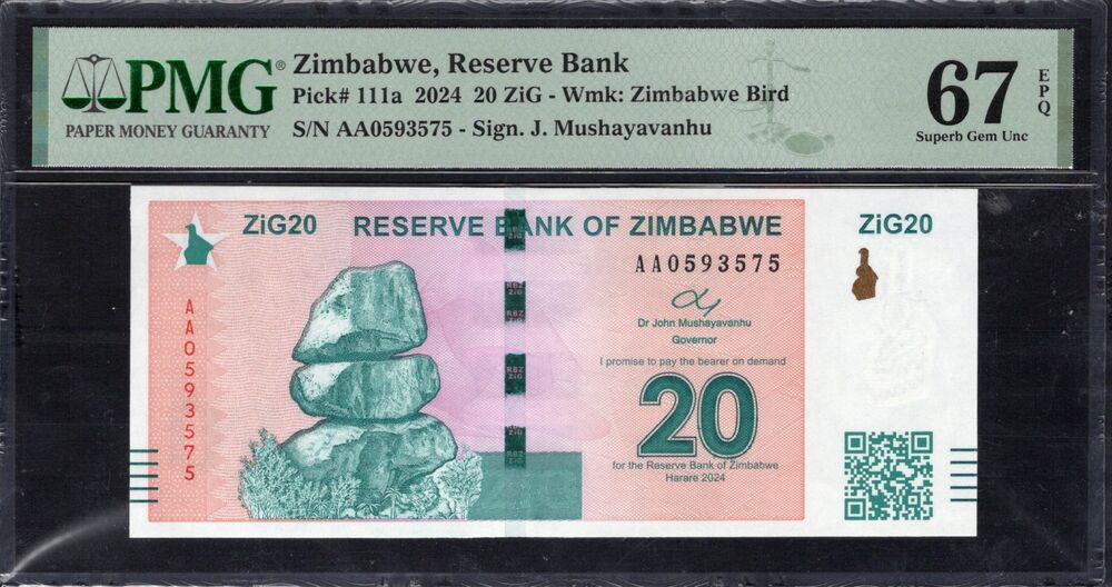 Zimbabwe - 20 ZiG 2024 - Pick # 111a - PMG 67 EPQ