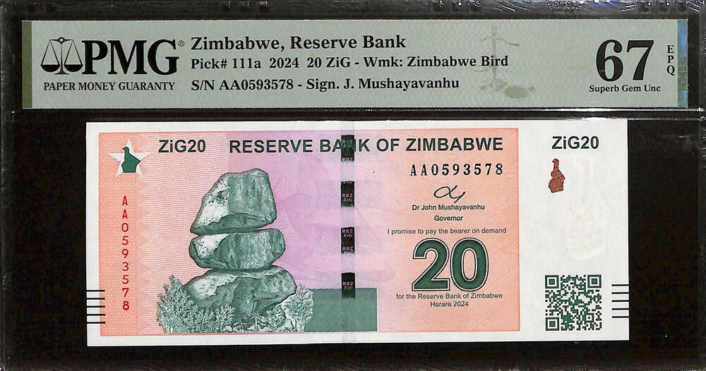 Zimbabwe -  20 ZiG 2024 - Pick # 111a - PMG 67 EPQ