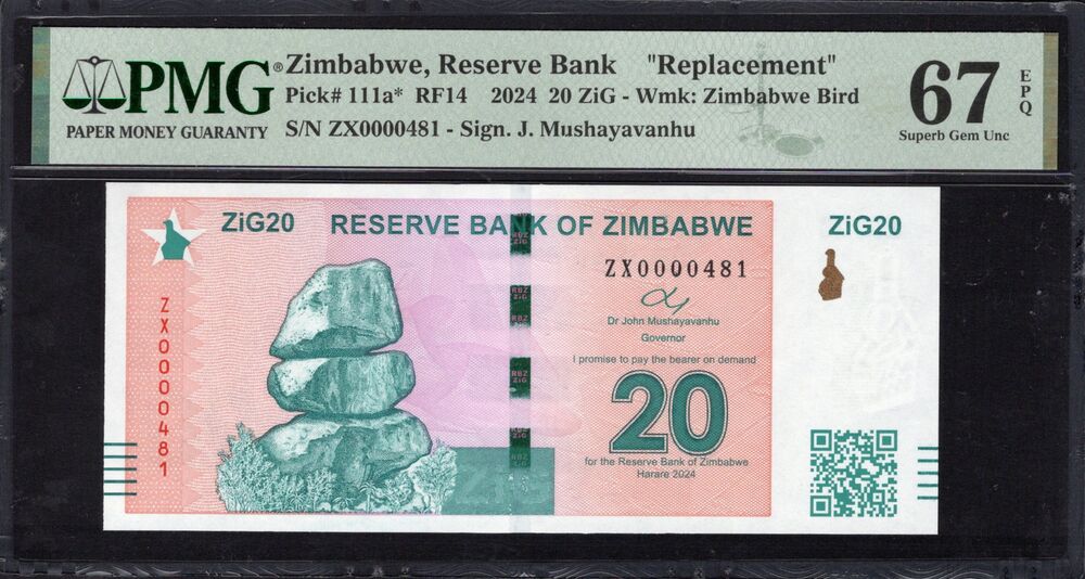 Zimbabwe - 20 ZiG 2024 - Pick # 111a* - REPLACEMENT - PMG 67 EPQ