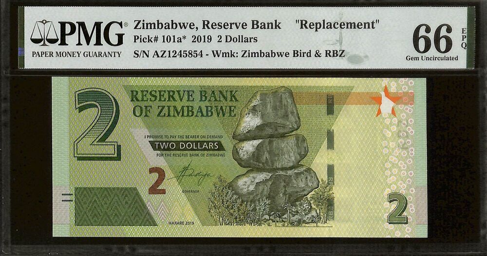 Zimbabwe - 2 Dollars 2019 - Pick # 101a - REPLACEMENT - PMG 66 EPQ