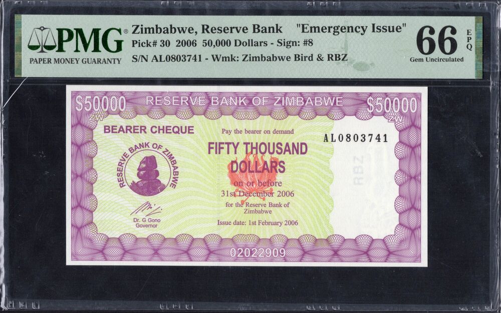 Zimbabwe - 50.000 Dollars 2006 - Pick # 30 - PMG 66 EPQ