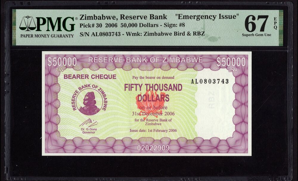 Zimbabwe - 50.000 Dollars 2006 - Pick # 30 - PMG 67 EPQ