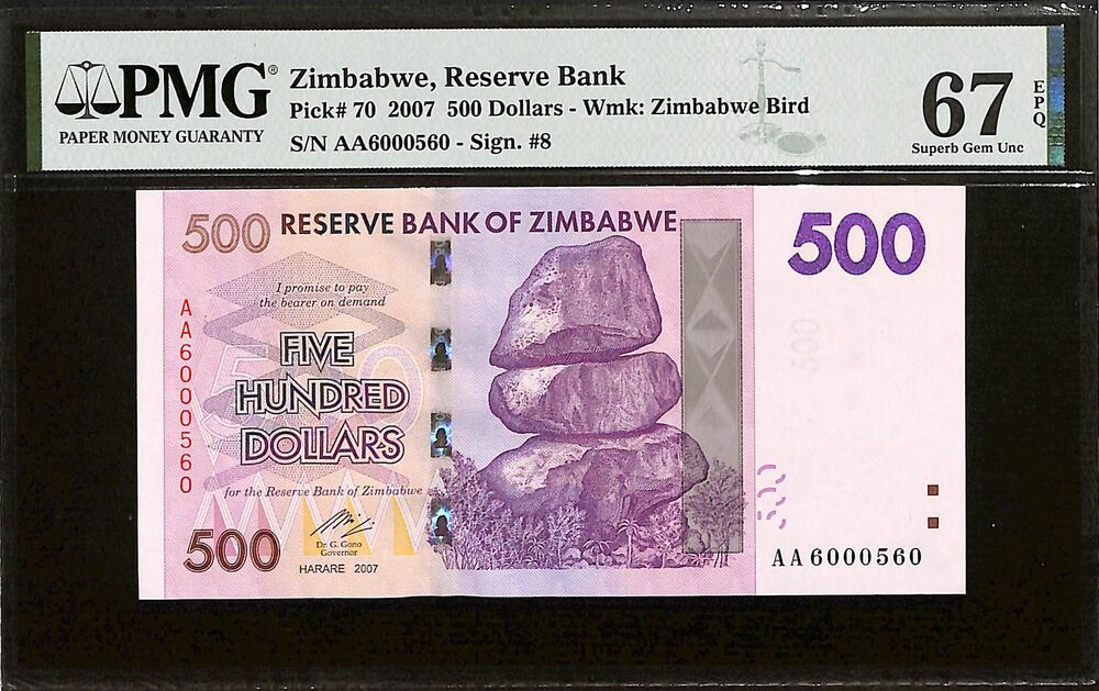 Zimbabwe - 500 Dollars 2007 - Pick # 70 - PMG 67 EPQ
