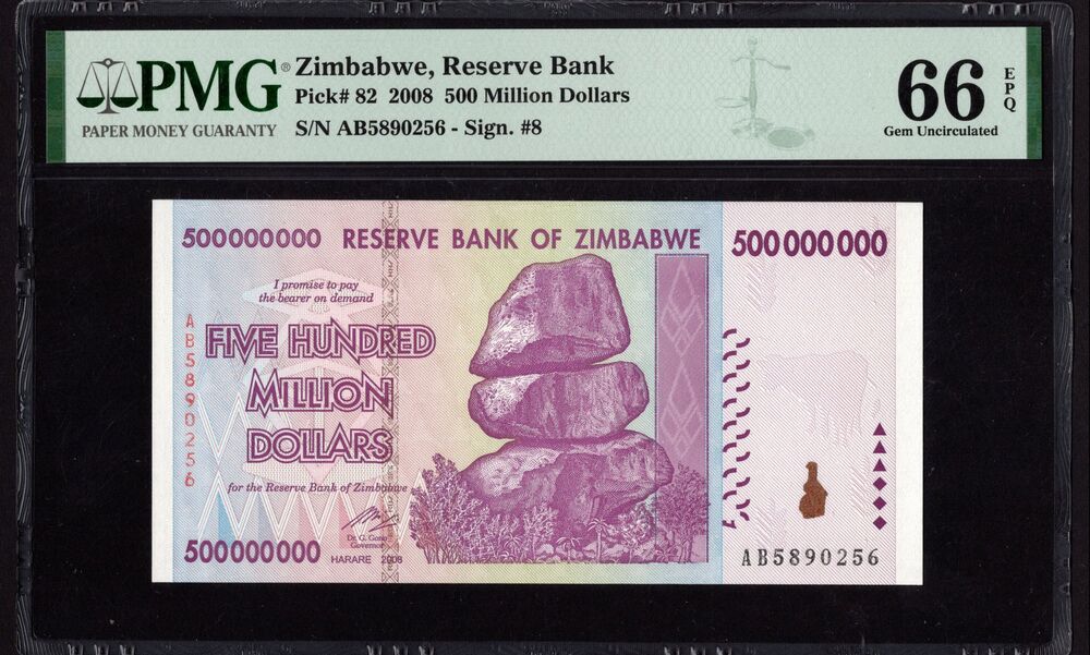 Zimbabwe - 500 Million Dollars 2008 - Pick # 82 - PMG 66 EPQ