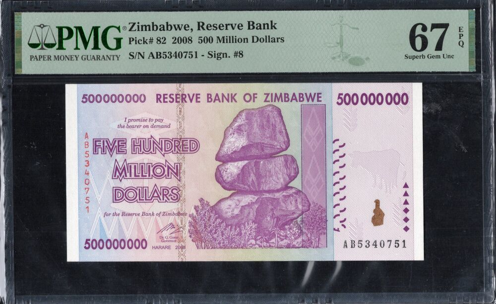 Zimbabwe - 500 Million Dollars 2008 - Pick # 82 - PMG 67 EPQ