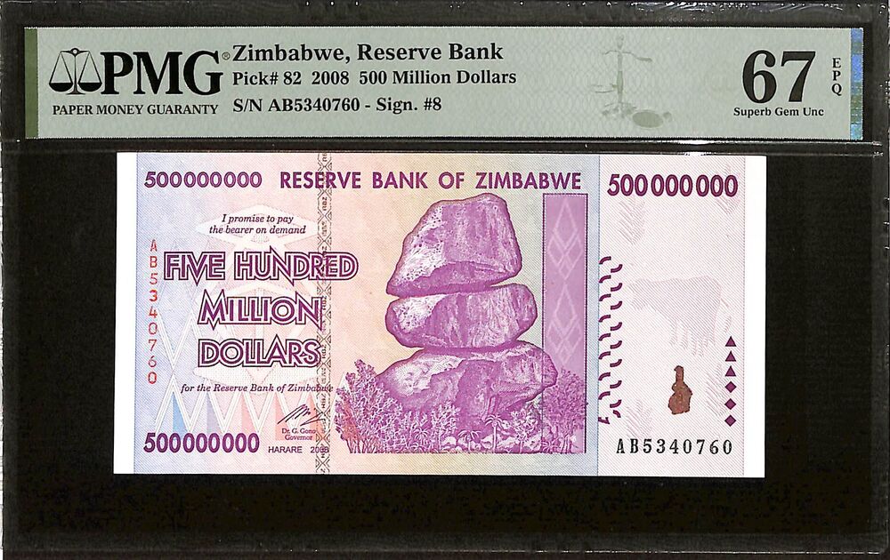 Zimbabwe - 500 Million Dollars 2008 - Pick # 82 - PMG 67 EPQ