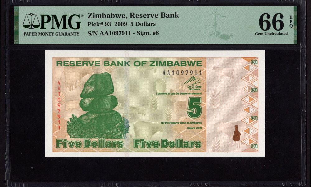 Zimbabwe - 5 Dollars 2009 - Pick # 93 - PMG 66 EPQ