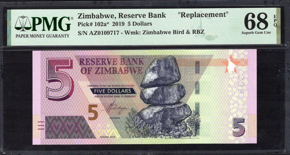 Zimbabwe - 5 Dollars 2019 - Pick # 102a - REPLACEMENT - PMG 68 EPQ