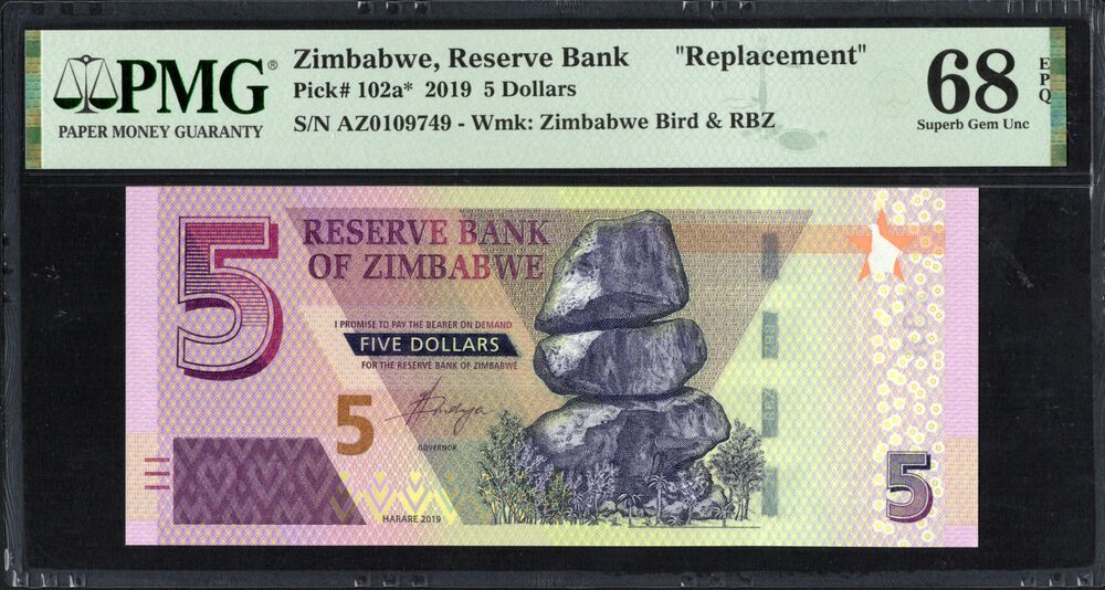 Zimbabwe - 5 Dollars 2019 - Pick # 102a* - REPLACEMENT - PMG 68 EPQ