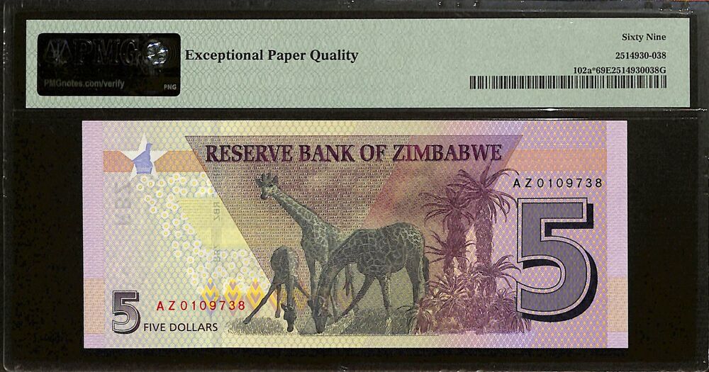 Zimbabwe - 5 Dollars 2019 - Pick # 102a - REPLACEMENT - PMG 69 EPQ
