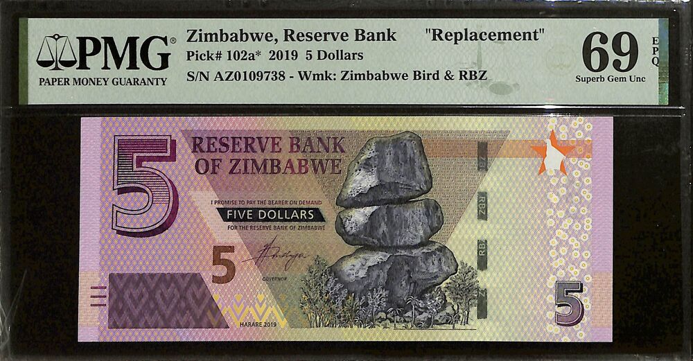 Zimbabwe - 5 Dollars 2019 - Pick # 102a - REPLACEMENT - PMG 69 EPQ