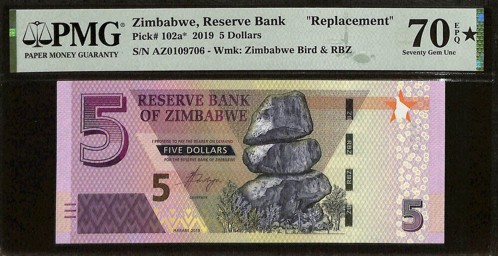 Zimbabwe - 5 Dollars 2019 - Pick # 102a - REPLACEMENT - PMG 70 EPQ