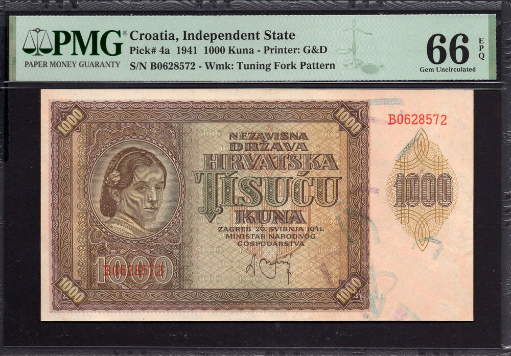 Croatia - 1.000 Kuna 1941 - Pick # 4a - PMG 66 EPQ