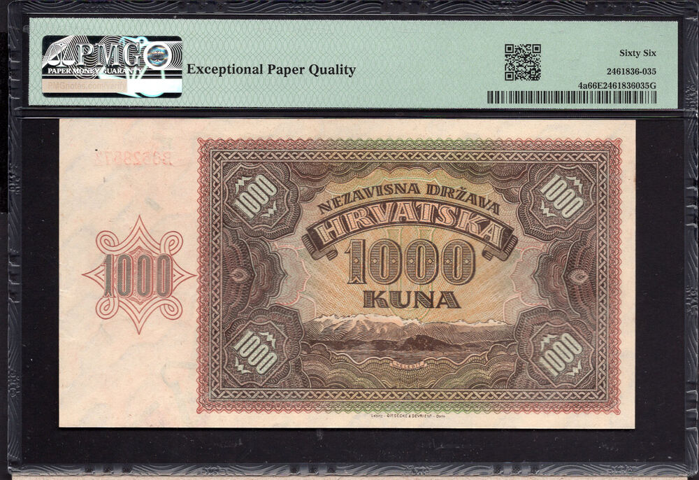 Croatia - 1.000 Kuna 1941 - Pick # 4a - PMG 66 EPQ