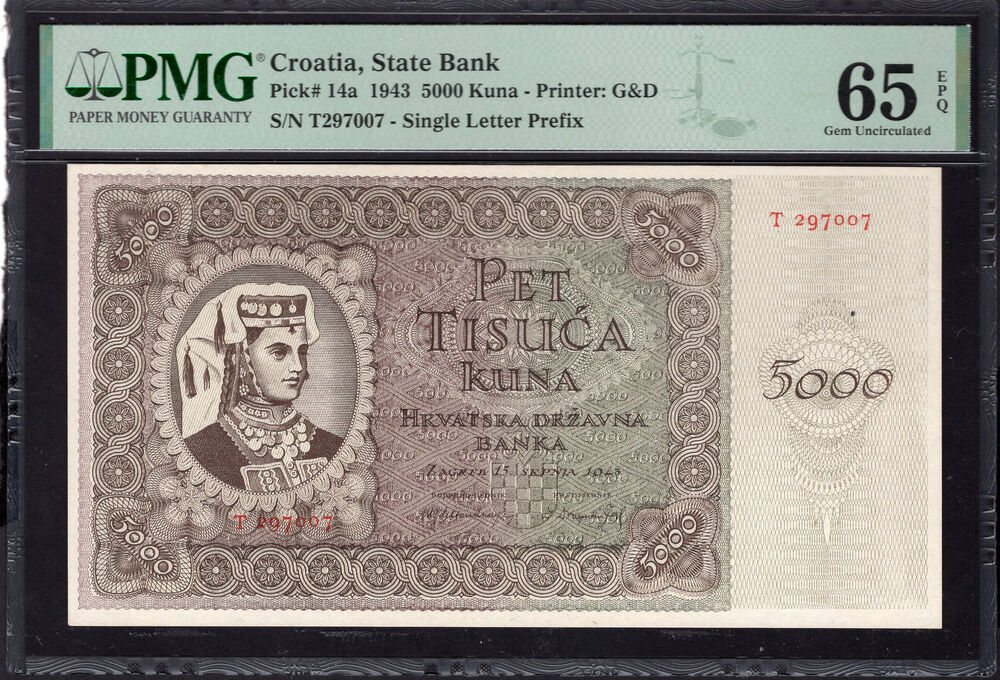 Croatia - 5.000 Kuna 1943 - Pick # 14a - PMG 65 EPQ