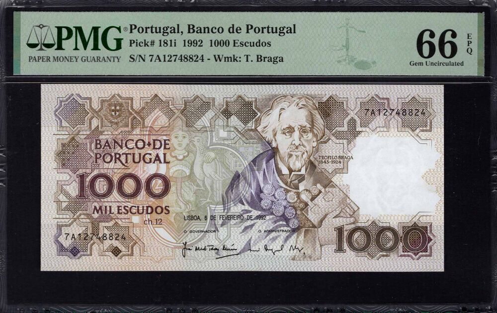 Portugal - 1000 Escudos 1992 - Pick # 181i - PMG 66 EPQ