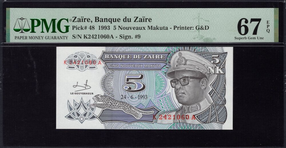 Zaire - 5 Nouveaux Makuta 1993 - Pick # 48 - PMG 67 EPQ