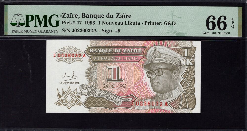 Zaire - 1 Nouveau Likuta 1993 - Pick # 47 - PMG 66 EPQ