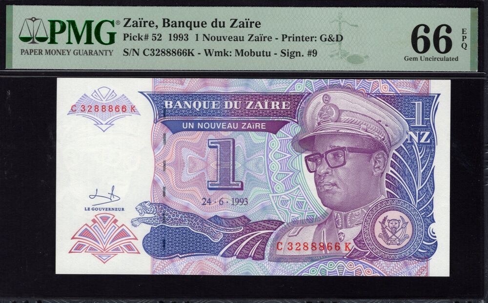 Zaire - 1 Nouveau Zaïre 1993 - Pick # 52 - PMG 66 EPQ