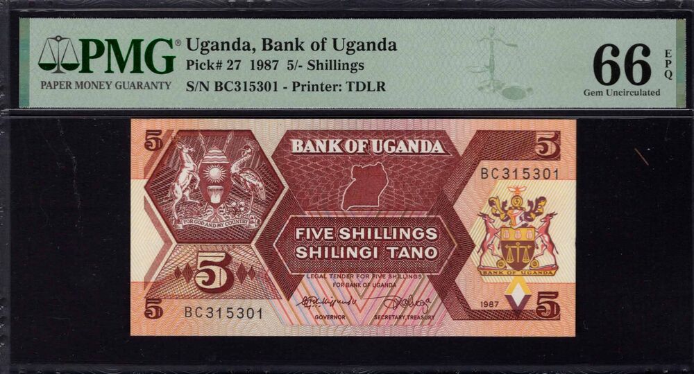 Uganda - 5 Shillings 1987 - Pick # 27 - PMG 66 EPQ
