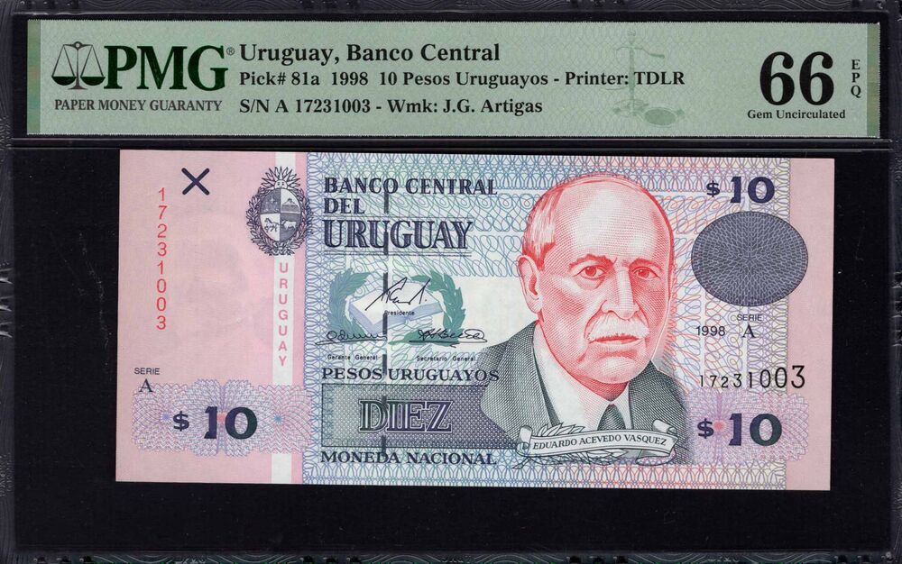 Uruguay - 10 Pesos Uruguayos 1998 - Pick # 81a - PMG 66 EPQ