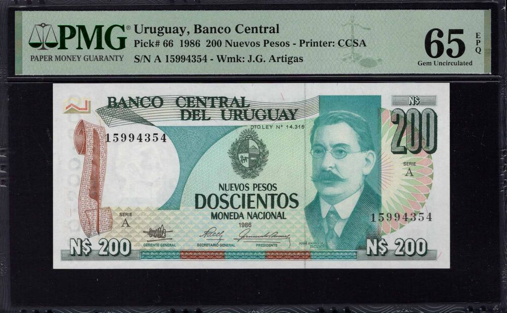 Uruguay - 200 Nuevos Pesos 1986 - Pick # 66 - PMG 65 EPQ