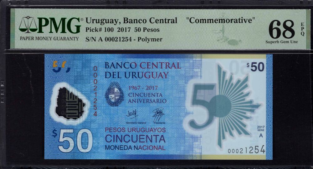 Uruguay - 50 Pesos 2017 - Pick # 100 - PMG 68 EPQ