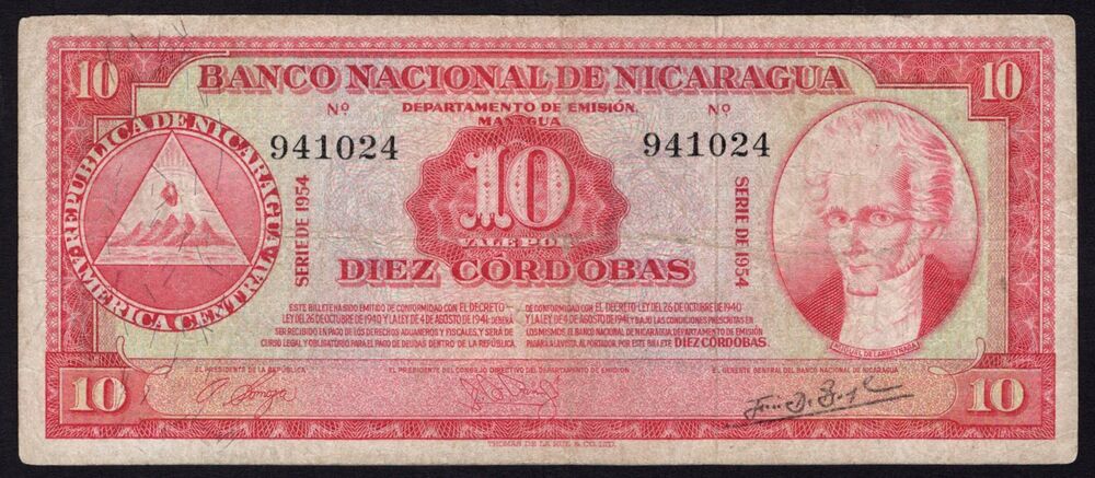 Nicaragua - 10 Córdobas 1954 - Pick # 101a - Bleached Fine