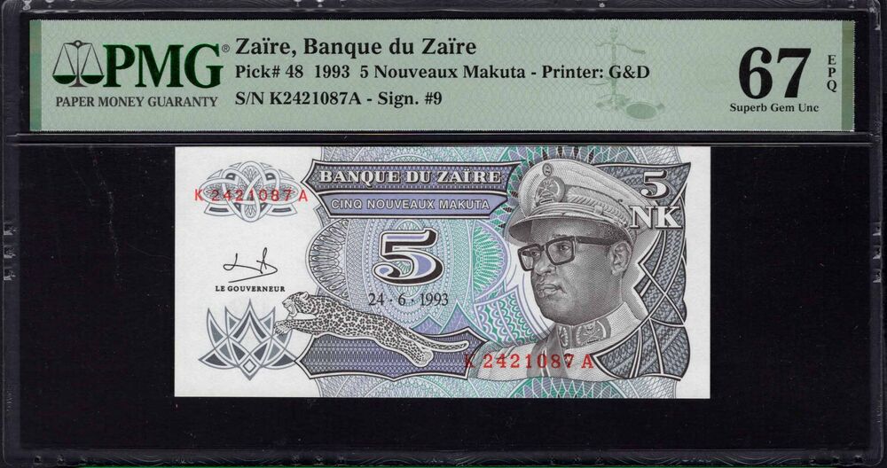 Zaire - 5 Nouveaux Makuta 1993 - Pick # 48 - PMG 67 EPQ