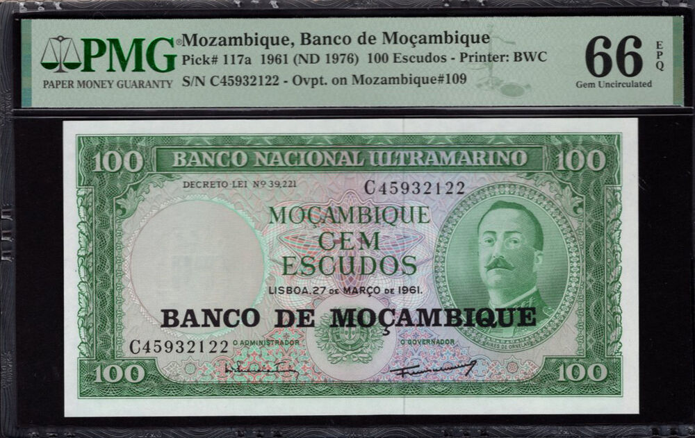 Mozambique - 100 Escudos 1961 - Pick # 117a - PMG 66 EPQ