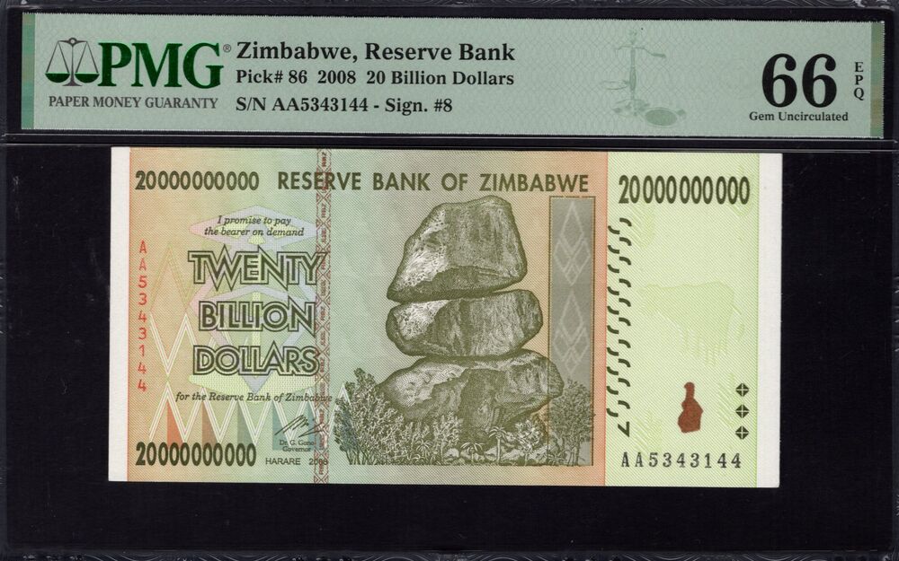 Zimbabwe - 20 Billion Dollars 2008 - Pick # 86 - PMG 66 EPQ