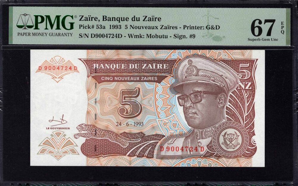 Zaire - 5 Nouveaux Zaires 1993 - Pick # 53a - PMG 67 EPQ