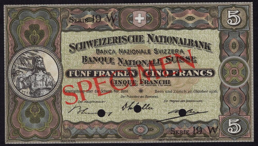 Switzerland - 5 Francs 1936 - Pick # 11s - UNC