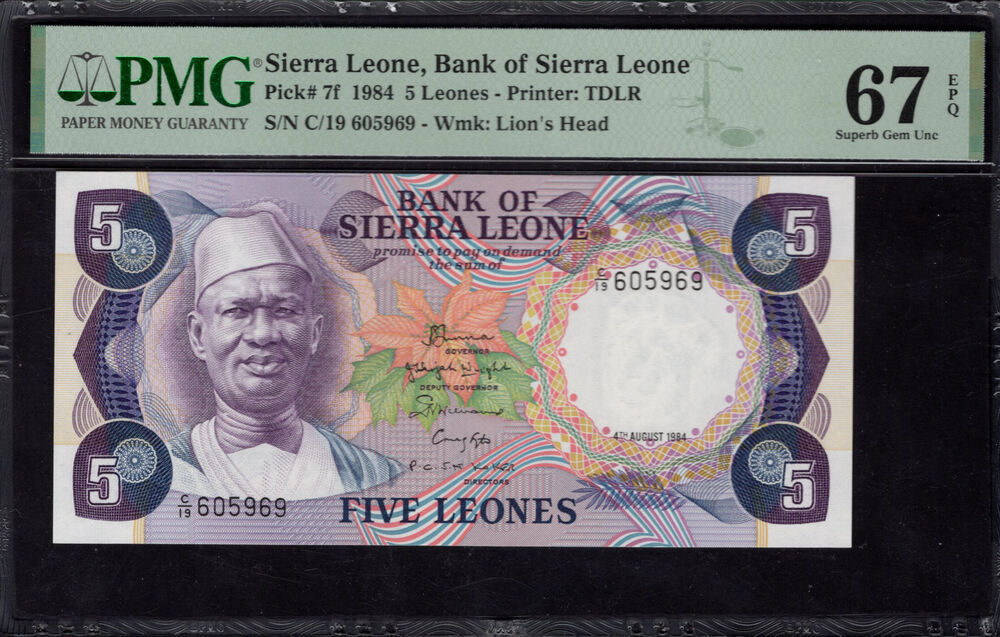 Sierra Leone - 5 Leones 1984 - Pick # 7f - PMG 67 EPQ