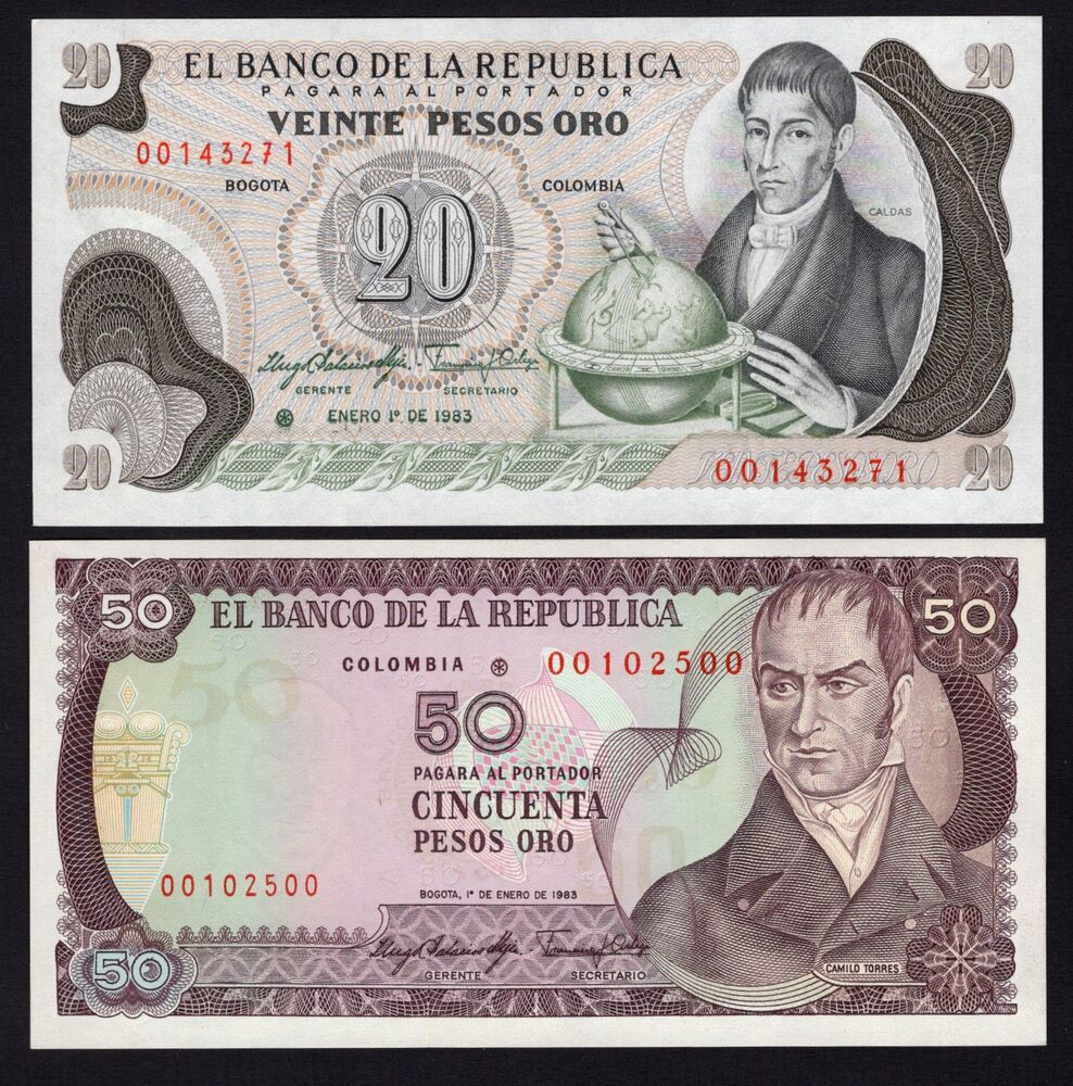 Colombia - 20 & 50 Pesos Oro 1983 - Pick # 409d*, 422b* - Replacements - AU/UNC