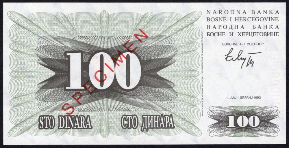 Bosnia and Herzegovina - 100 Dinara 1992 - Pick # 13s - Specimen - UNC