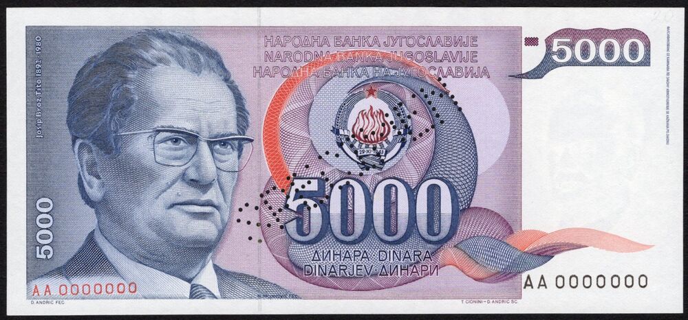 Yugoslavia - 5000 Dinara 1985 - Pick # 93s - Specimen - AU