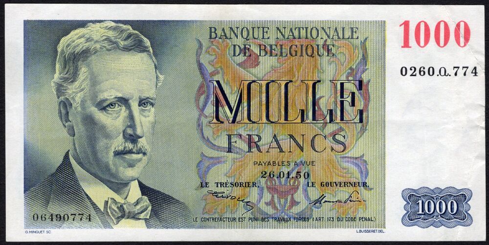 Belgium - 1000 Francs 1950 - Pick # 131 - VF