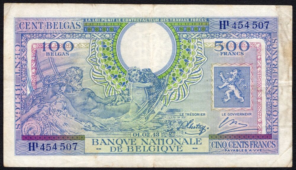 Belgium - 500 Francs 1943 - Pick # 124 - F/VF